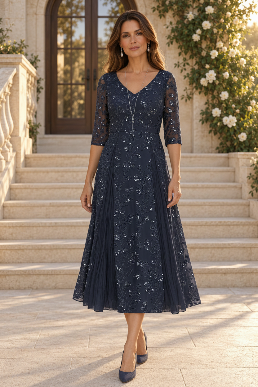 Sequined Tea-Length Dress and Cropped Jacket Set