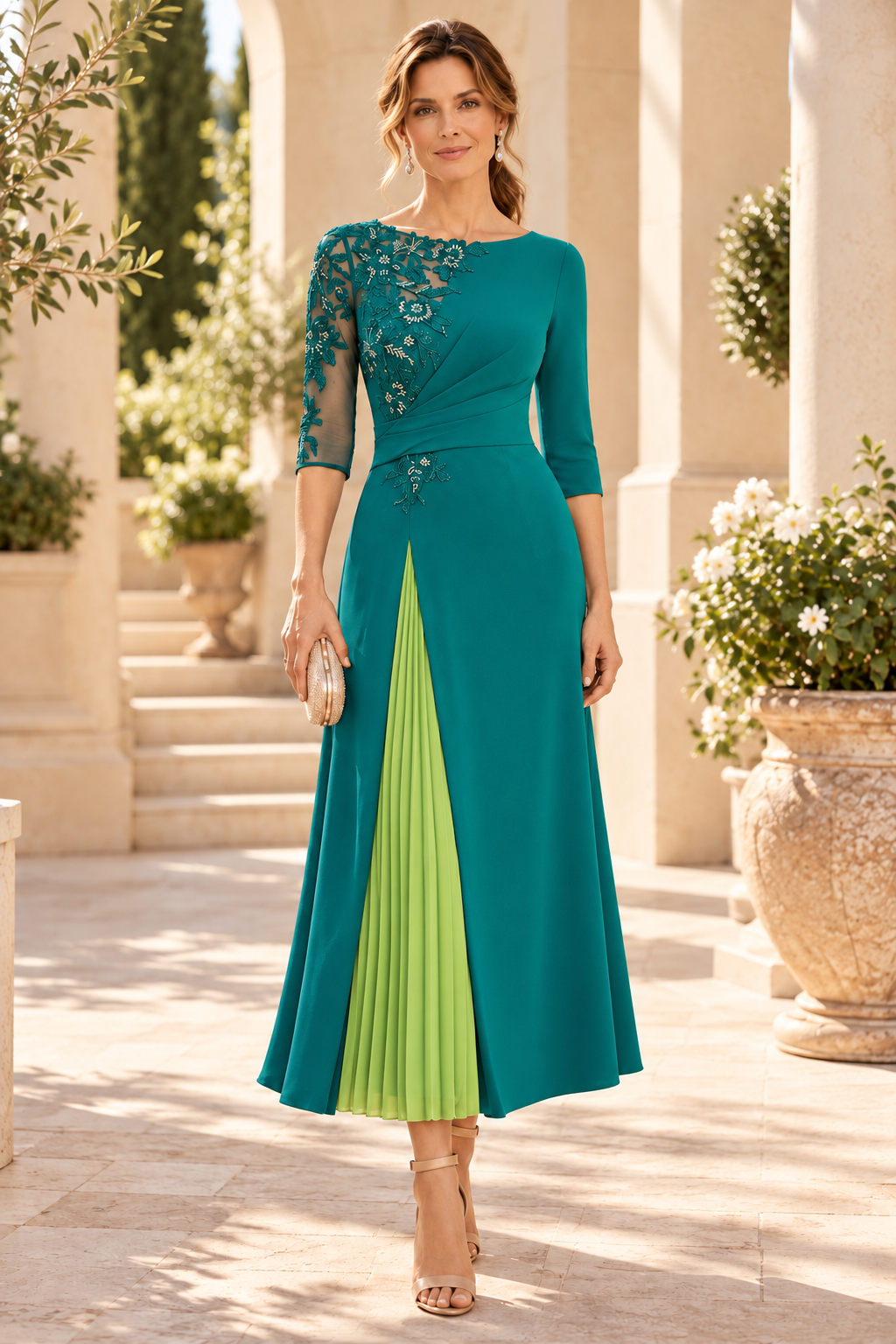 A-Line Ankle Dress with Lace Bodice & Inset