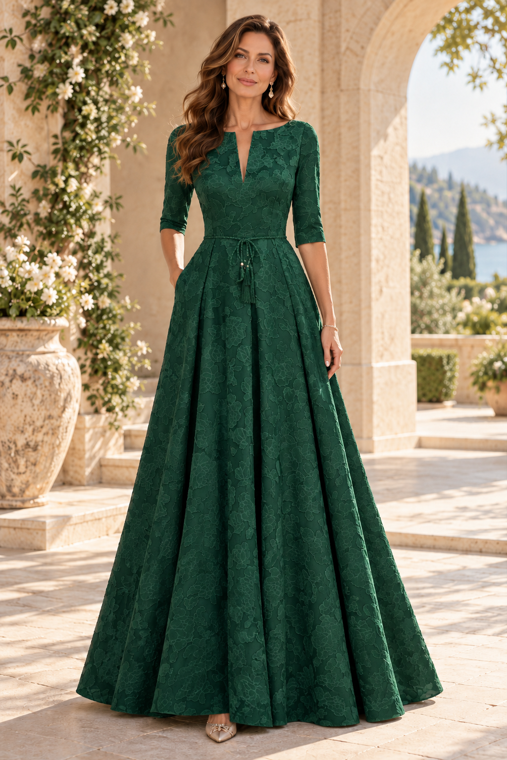 Jacquard A-Line Gown with Slit Neckline & 3/4 Sleeves