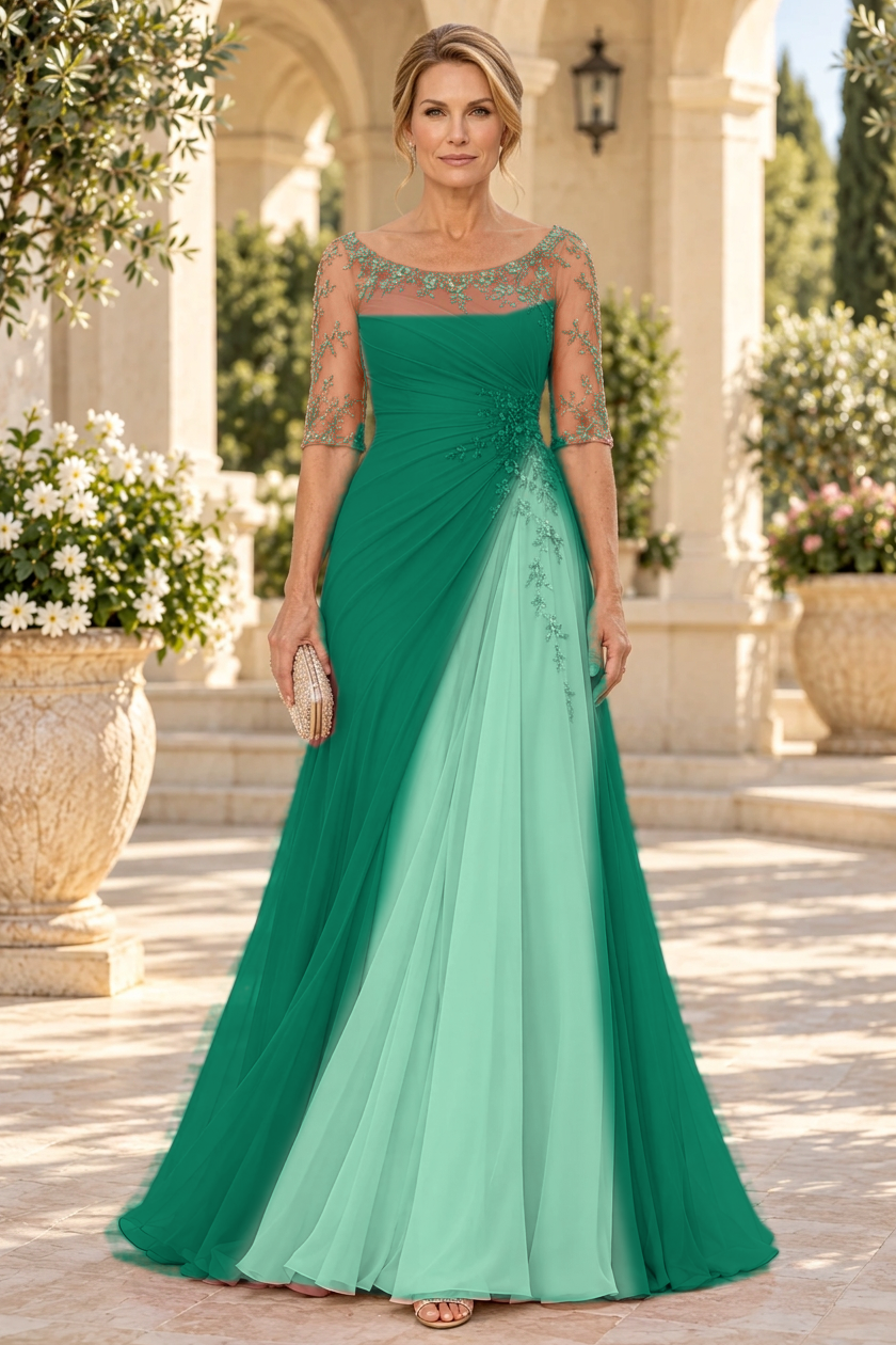 Ruched A-Line Gown with Floral Appliques