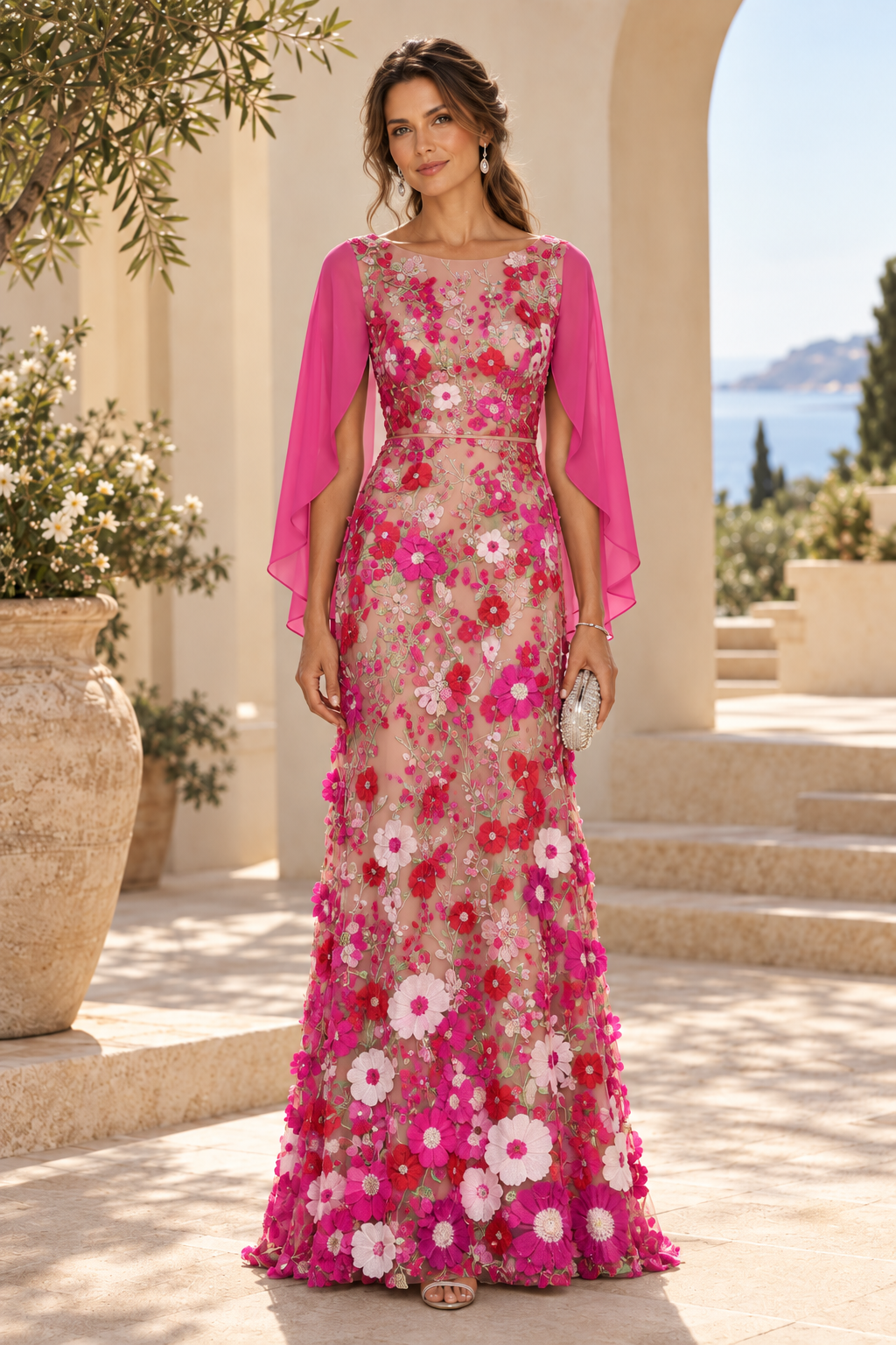 3D Floral Applique Gown with Draped Back Cape