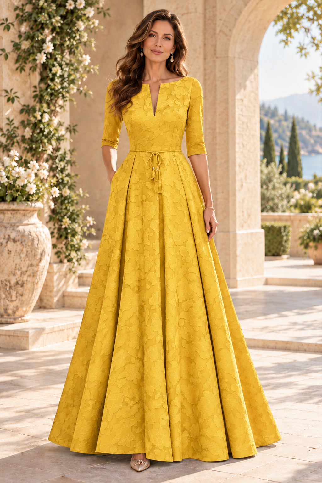 Jacquard A-Line Gown with Slit Neckline & 3/4 Sleeves