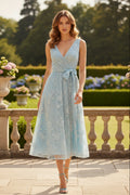 Lace V-Neck A-Line Midi Dress with Sash Belt