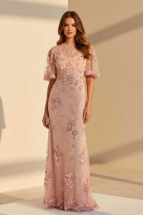 3D Floral Applique Flutter Sleeve Evening Gown