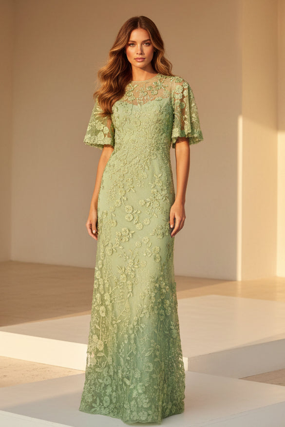 3D Floral Applique Flutter Sleeve Evening Gown