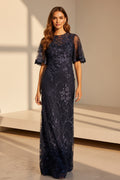 3D Floral Applique Flutter Sleeve Evening Gown