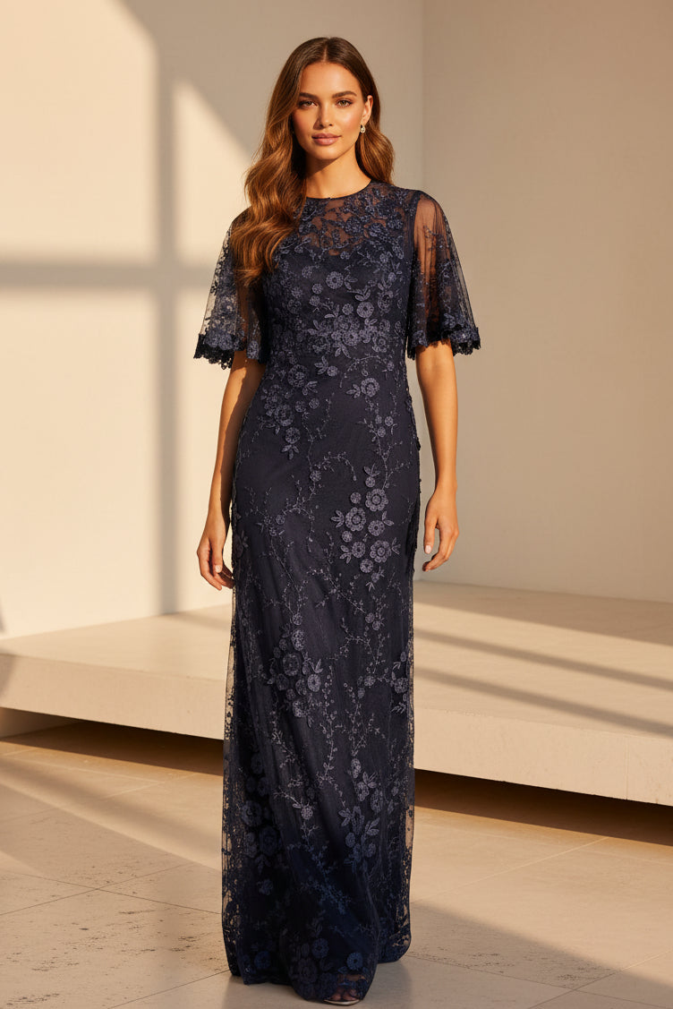 3D Floral Applique Flutter Sleeve Evening Gown