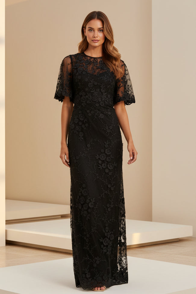 3D Floral Applique Flutter Sleeve Evening Gown