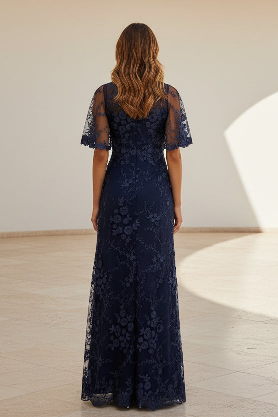 3D Floral Applique Flutter Sleeve Evening Gown