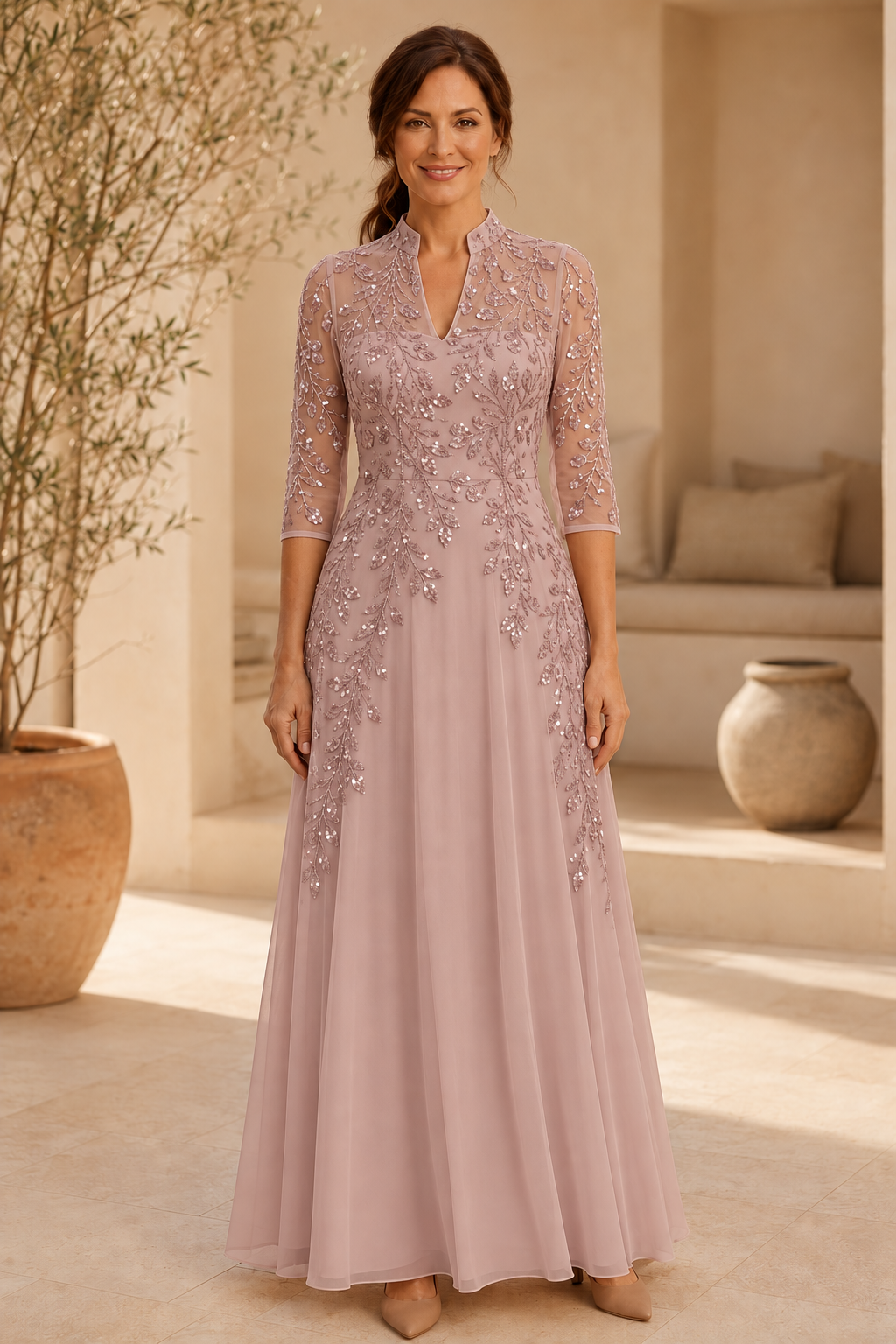 Beaded Illusion A-Line Evening Gown, 3/4 Sleeve