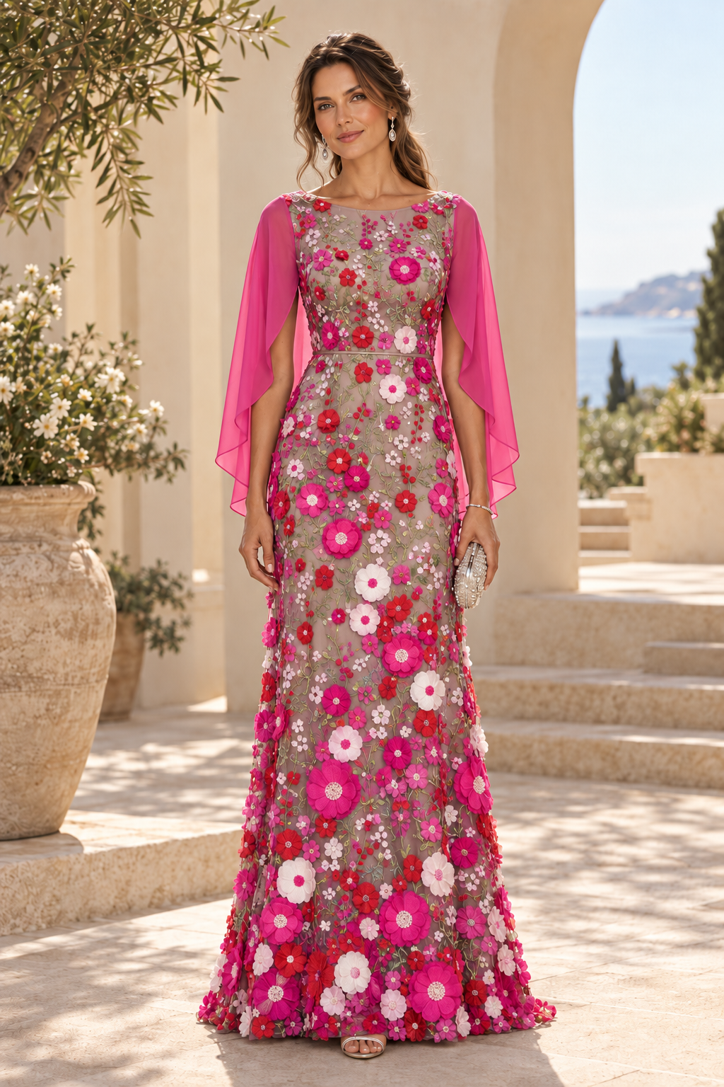 3D Floral Applique Gown with Draped Back Cape