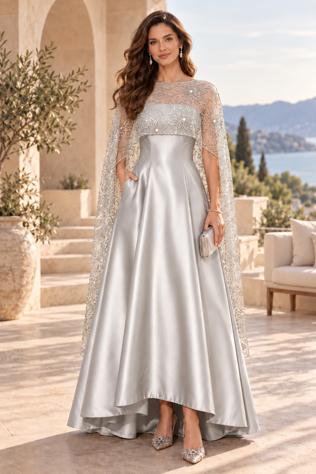 A-Line High-Low Gown with Floral Sequin Cape
