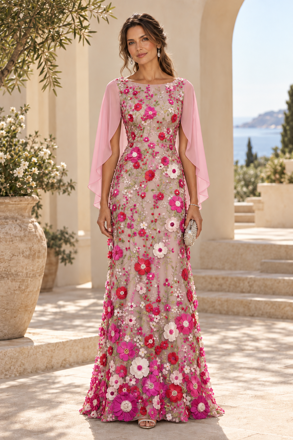3D Floral Applique Gown with Draped Back Cape