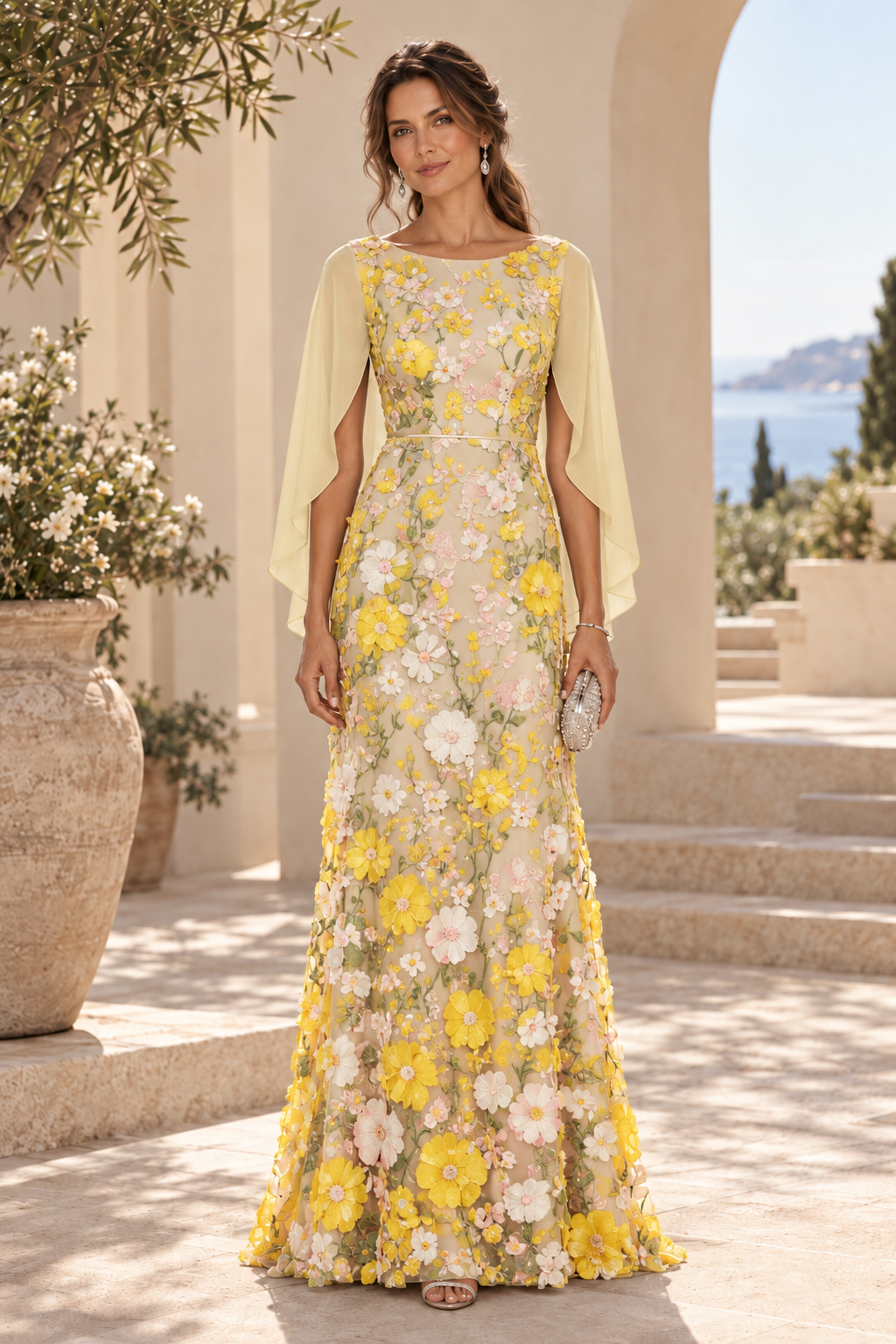 3D Floral Applique Gown with Draped Back Cape