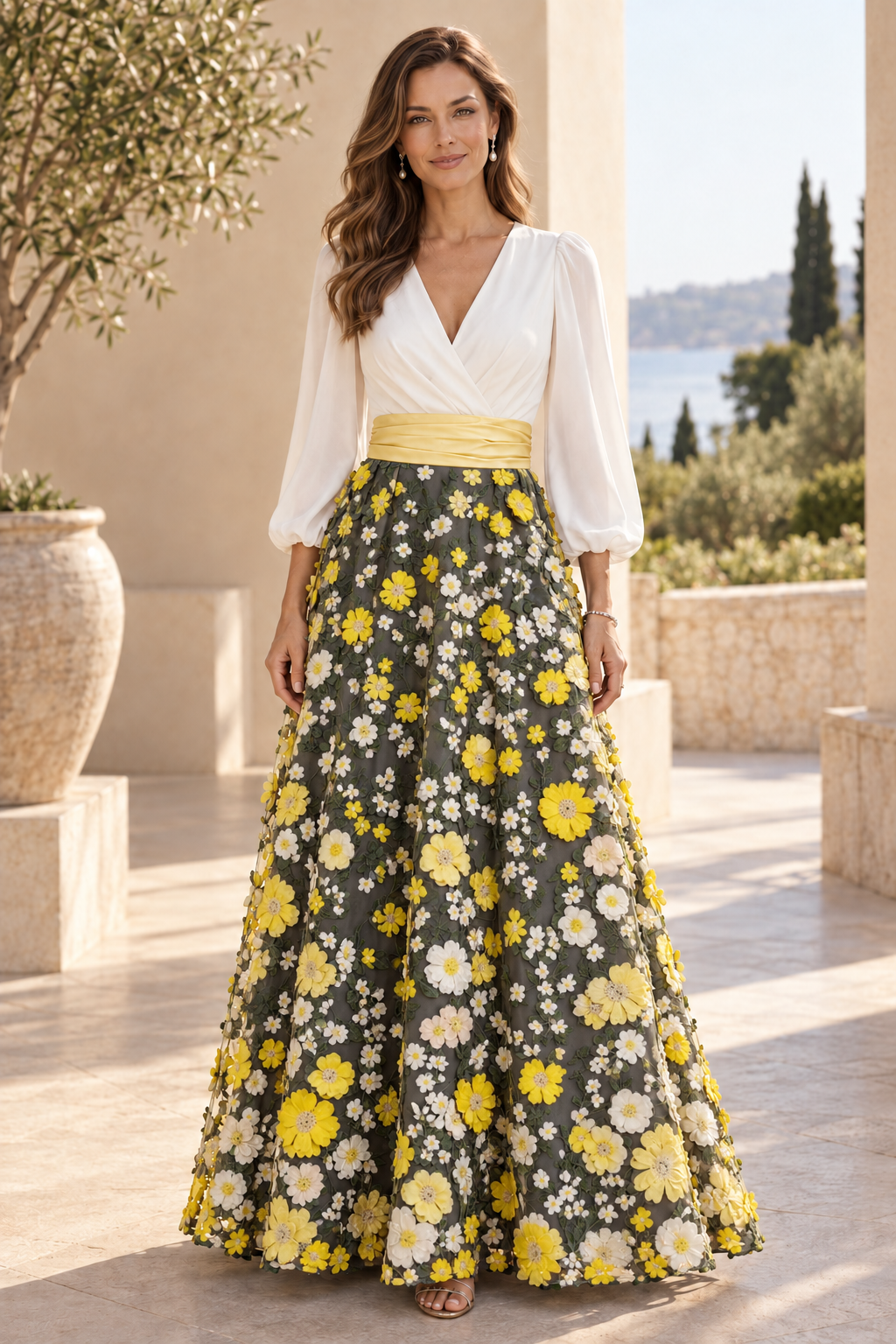 V-Neck Long Sleeve 3D Floral Applique Gown