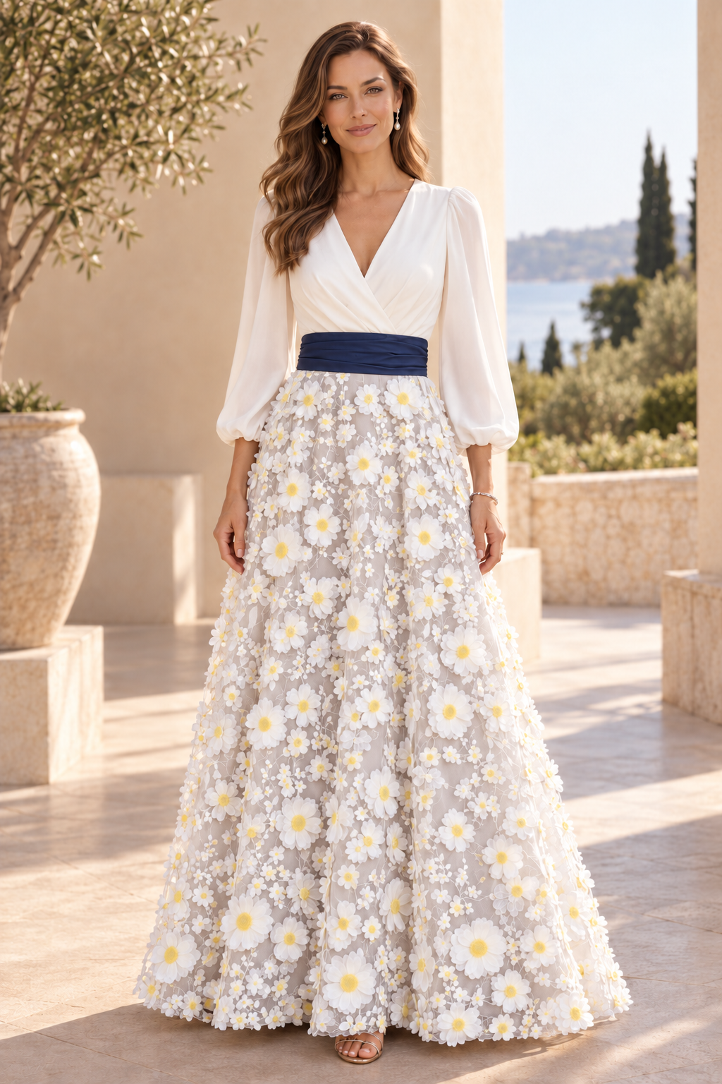 V-Neck Long Sleeve 3D Floral Applique Gown