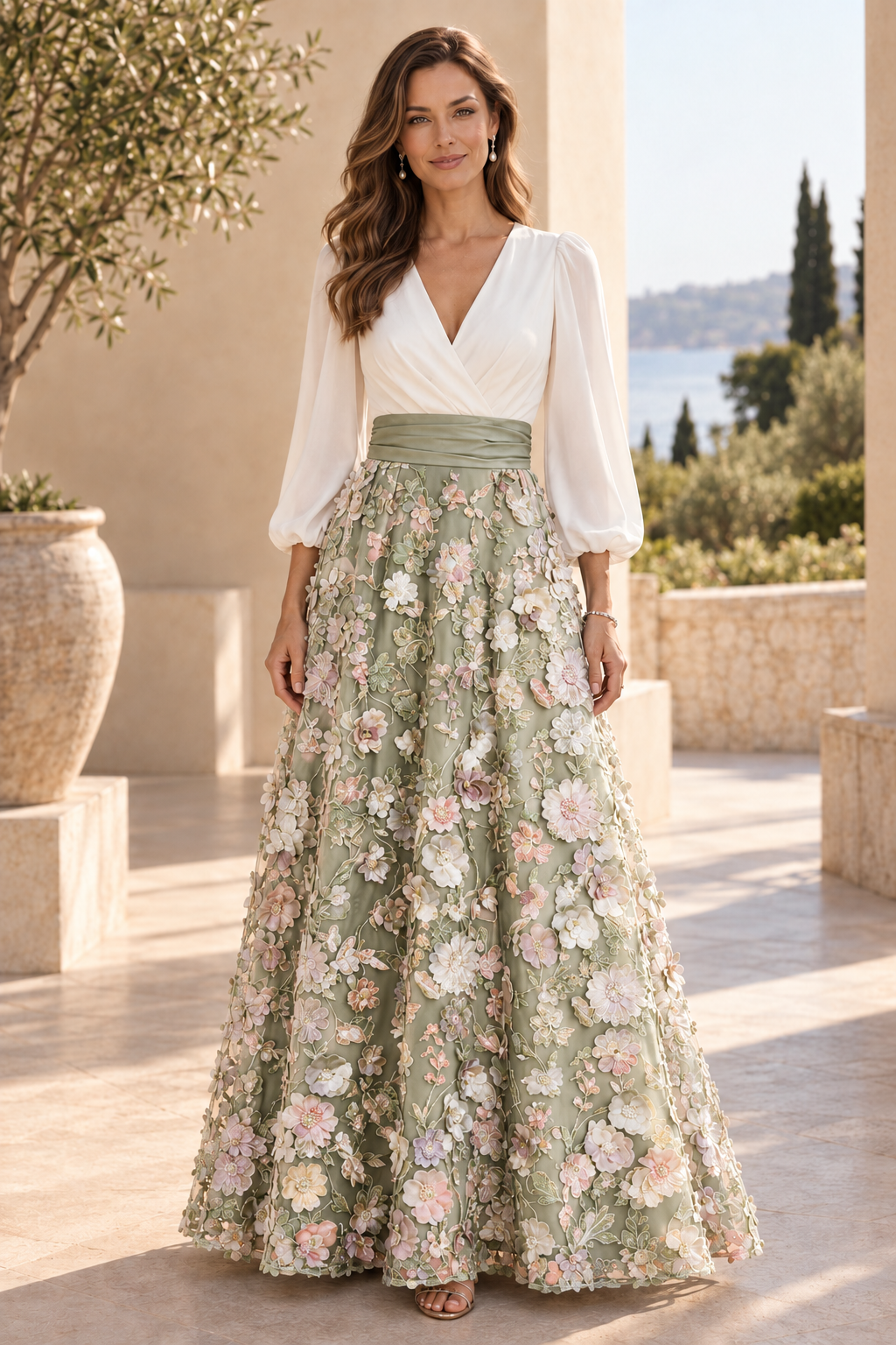 V-Neck Long Sleeve 3D Floral Applique Gown