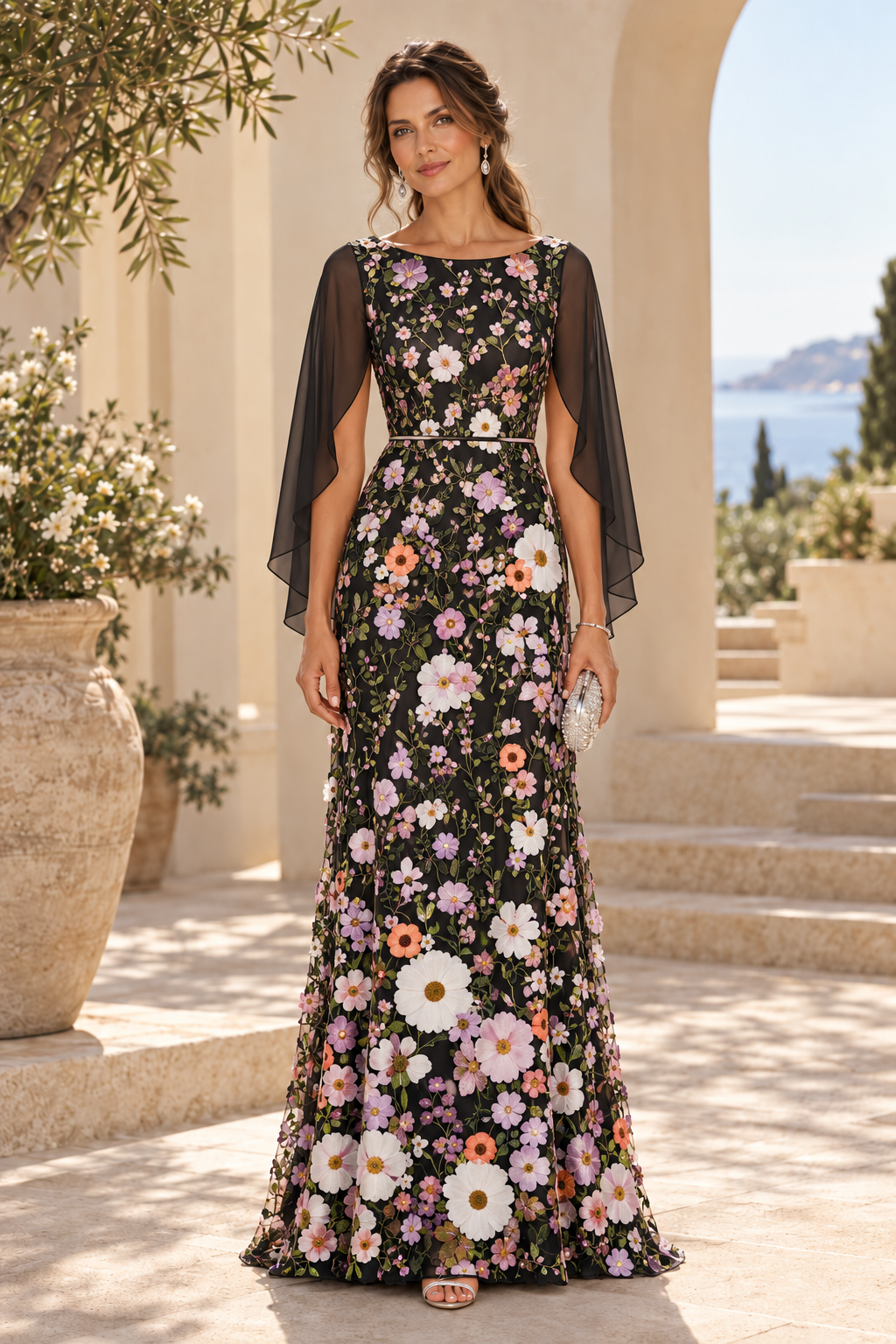 3D Floral Applique Gown with Draped Back Cape