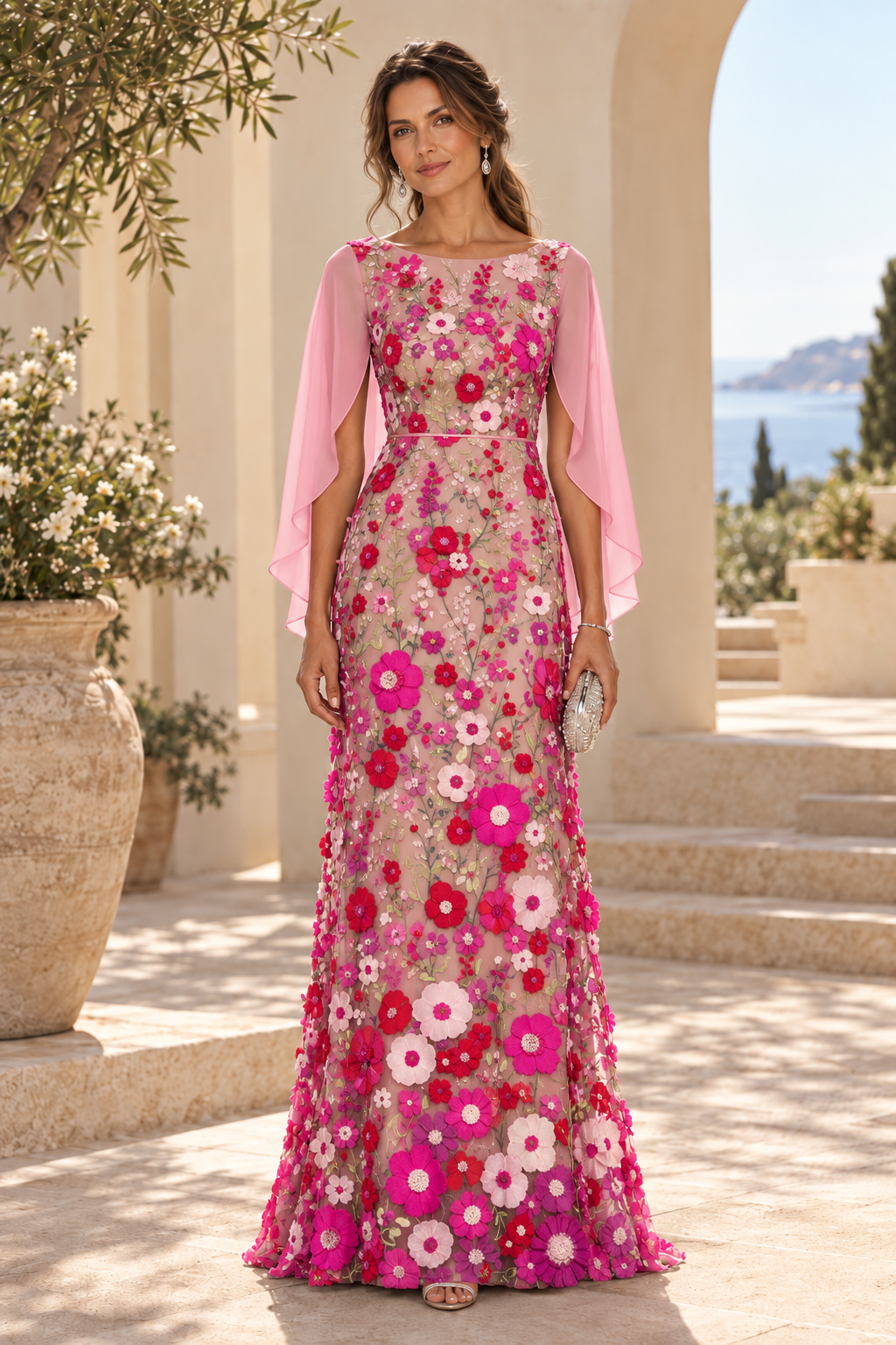 3D Floral Applique Gown with Draped Back Cape