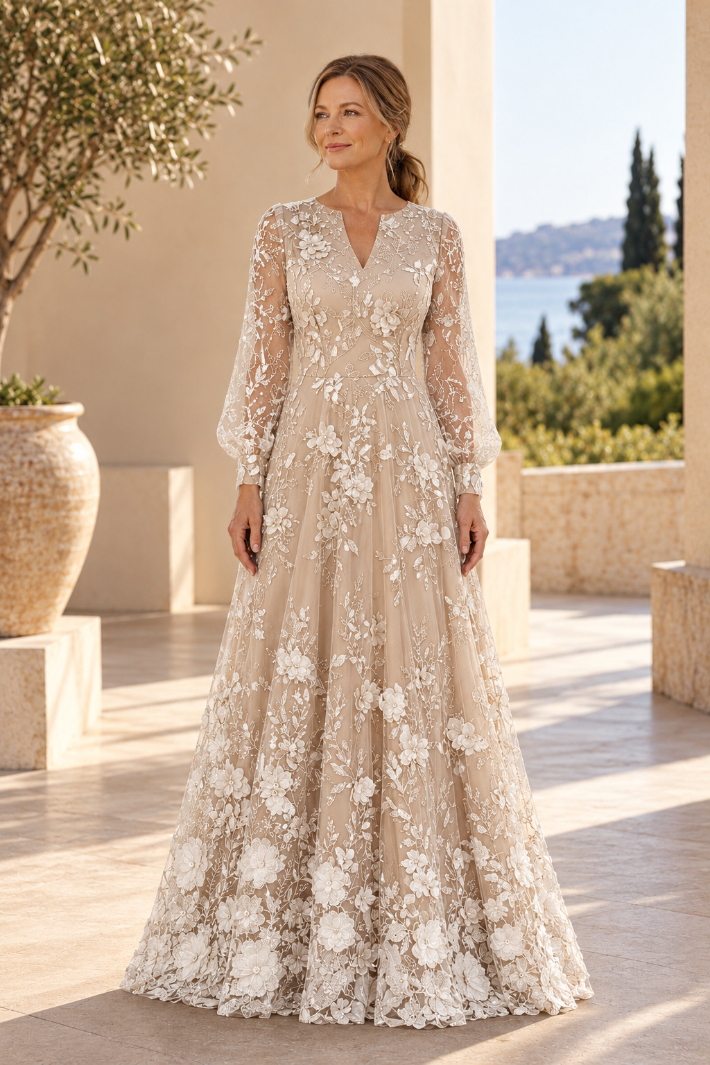 Long Sleeve Lace A-Line Gown with 3D Floral Appliques