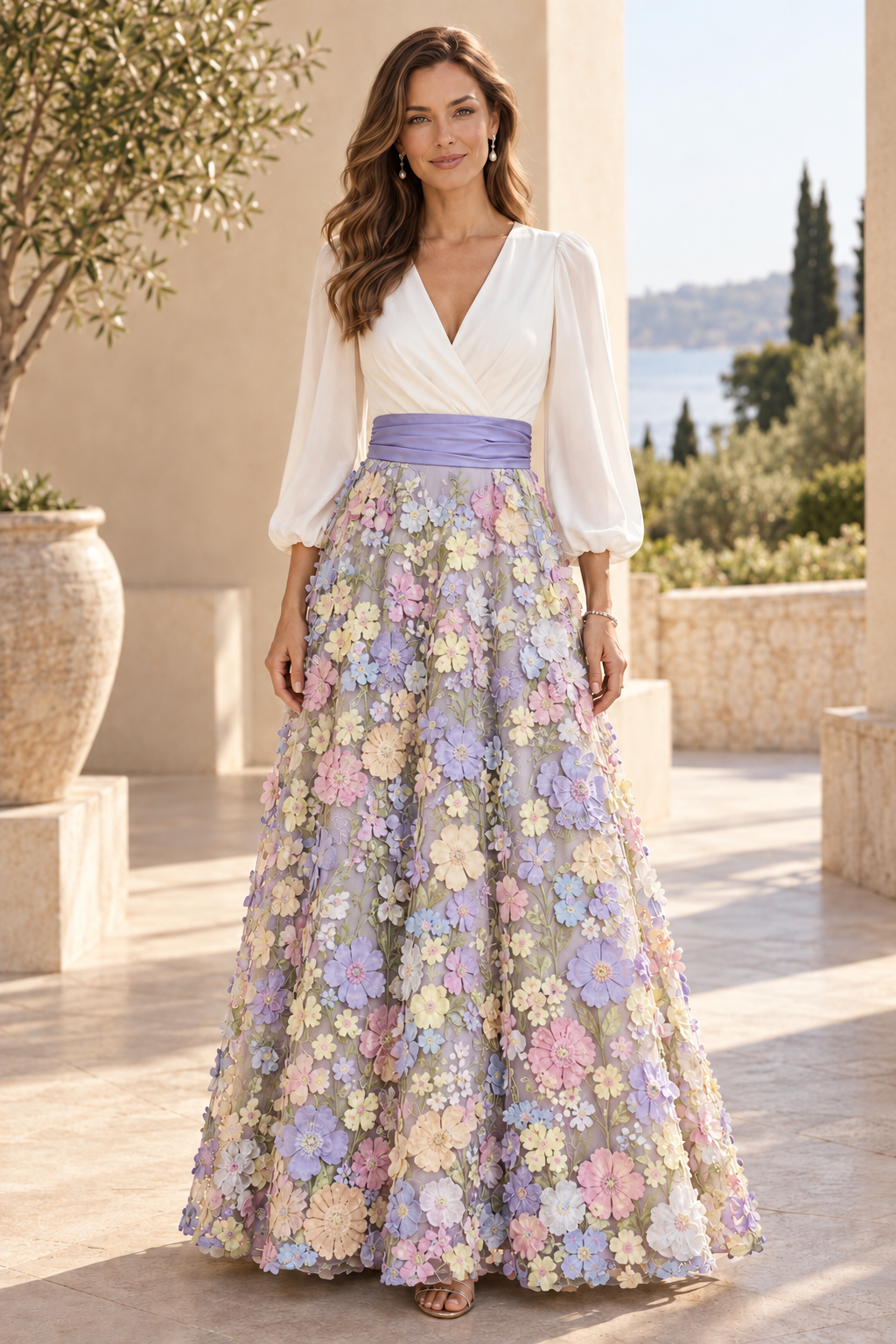 V-Neck Long Sleeve 3D Floral Applique Gown