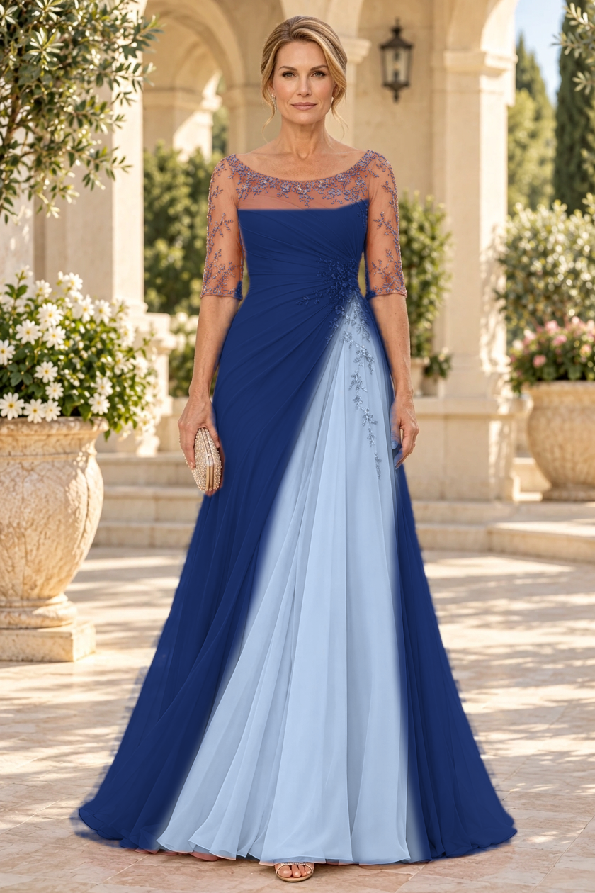 Ruched A-Line Gown with Floral Appliques