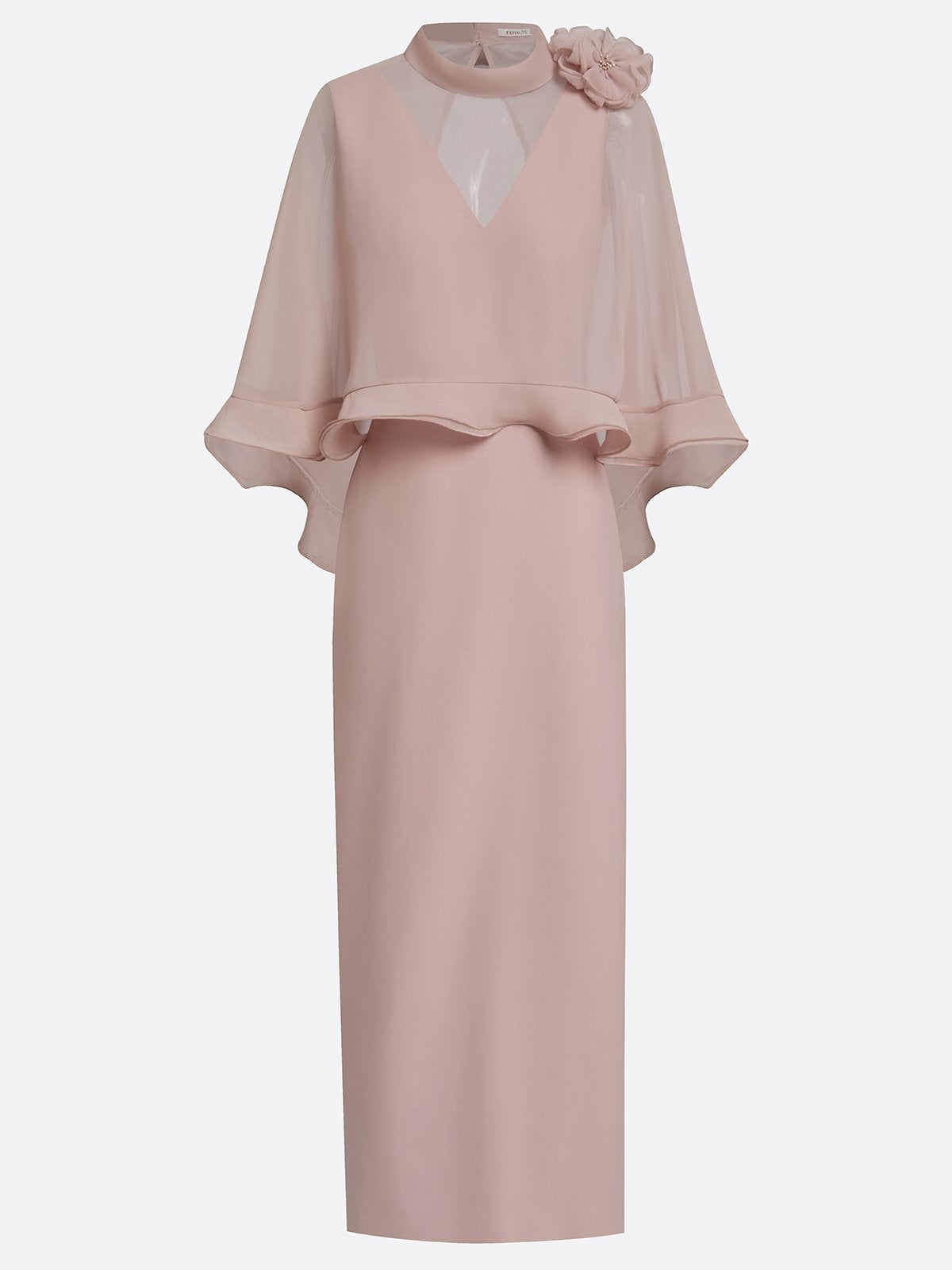 High Neck Cape Sleeve Column Gown with Floral Accent