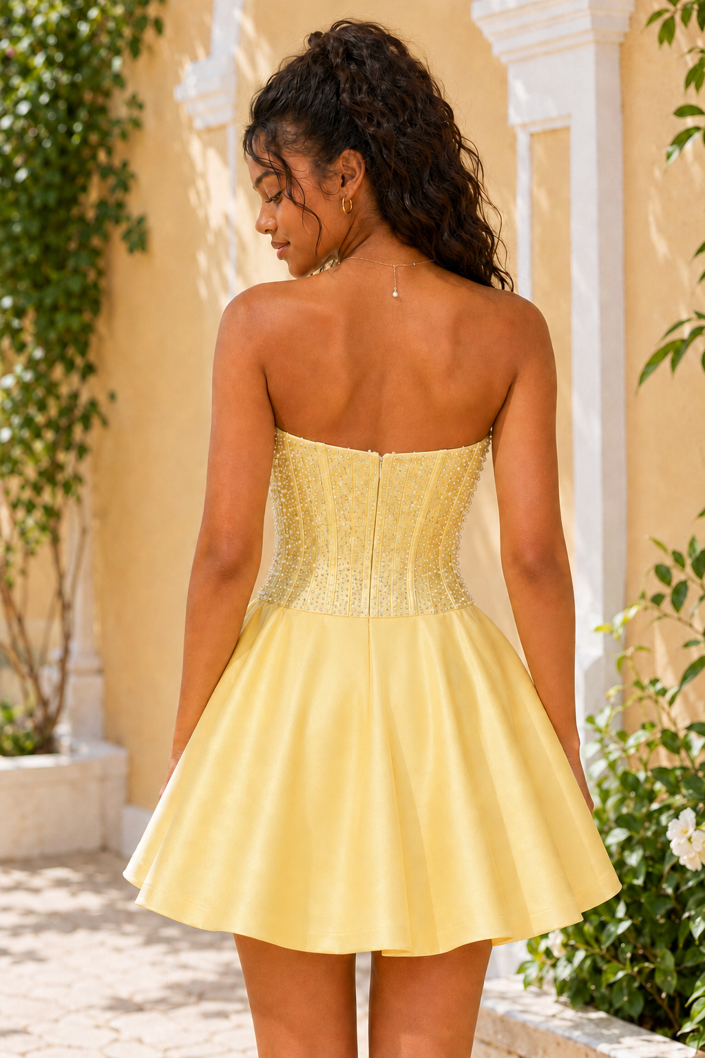 Strapless Corset Beaded Satin Mini Dress