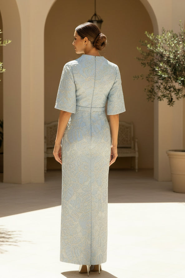 Jacquard Strapless Column Gown with Shawl