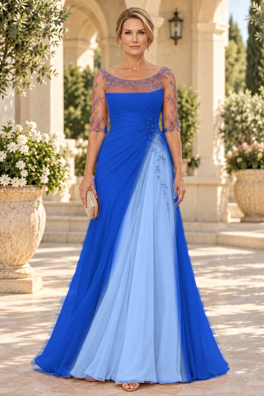 Ruched A-Line Gown with Floral Appliques
