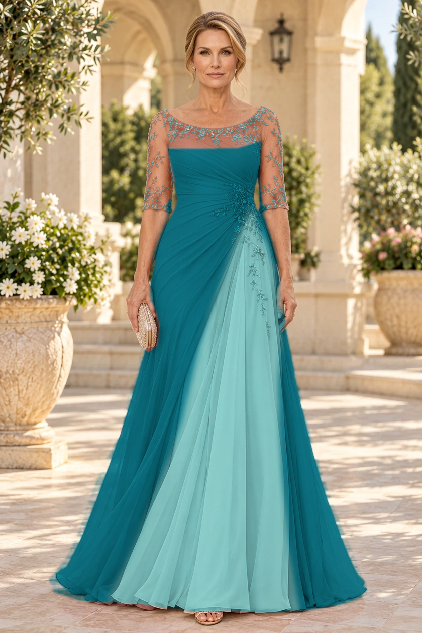 Ruched A-Line Gown with Floral Appliques