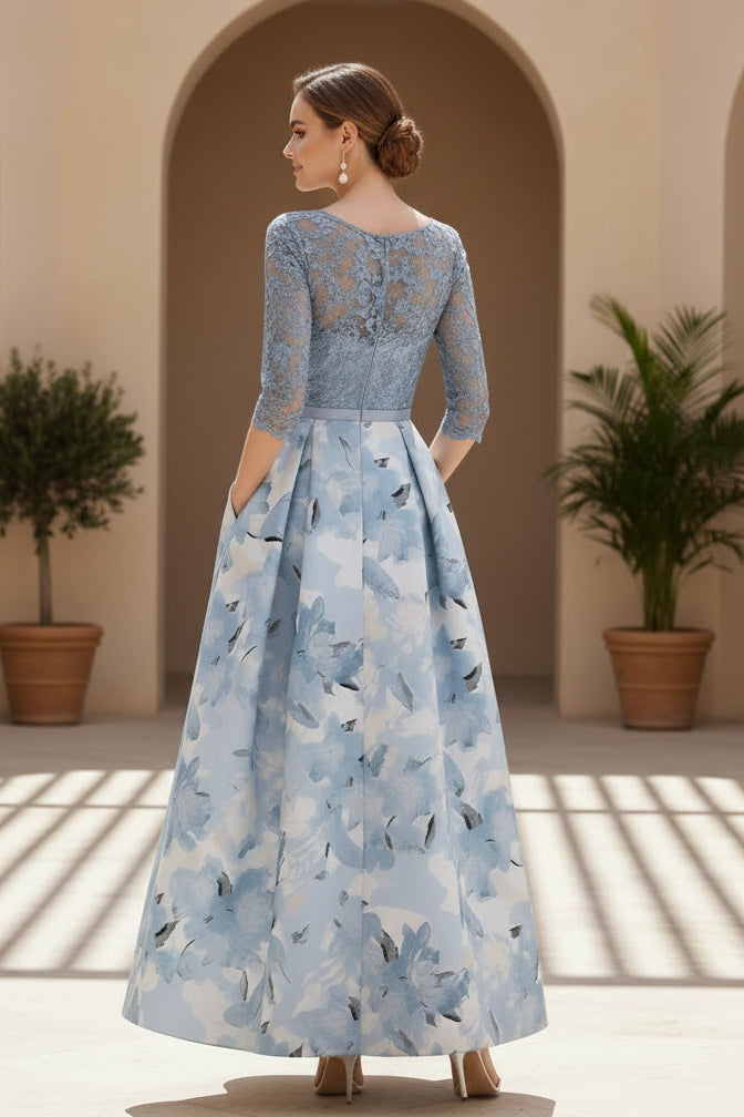 Lace Bodice Floral A-Line Formal Gown with Pockets