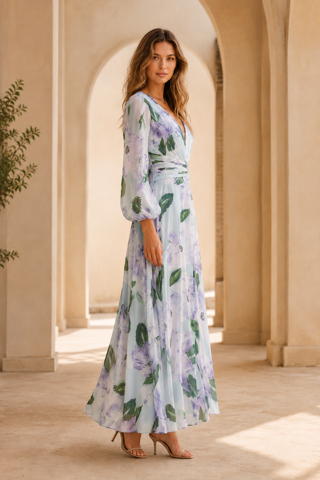 Floral Print V-Neck Maxi Dress with Long Sleeves