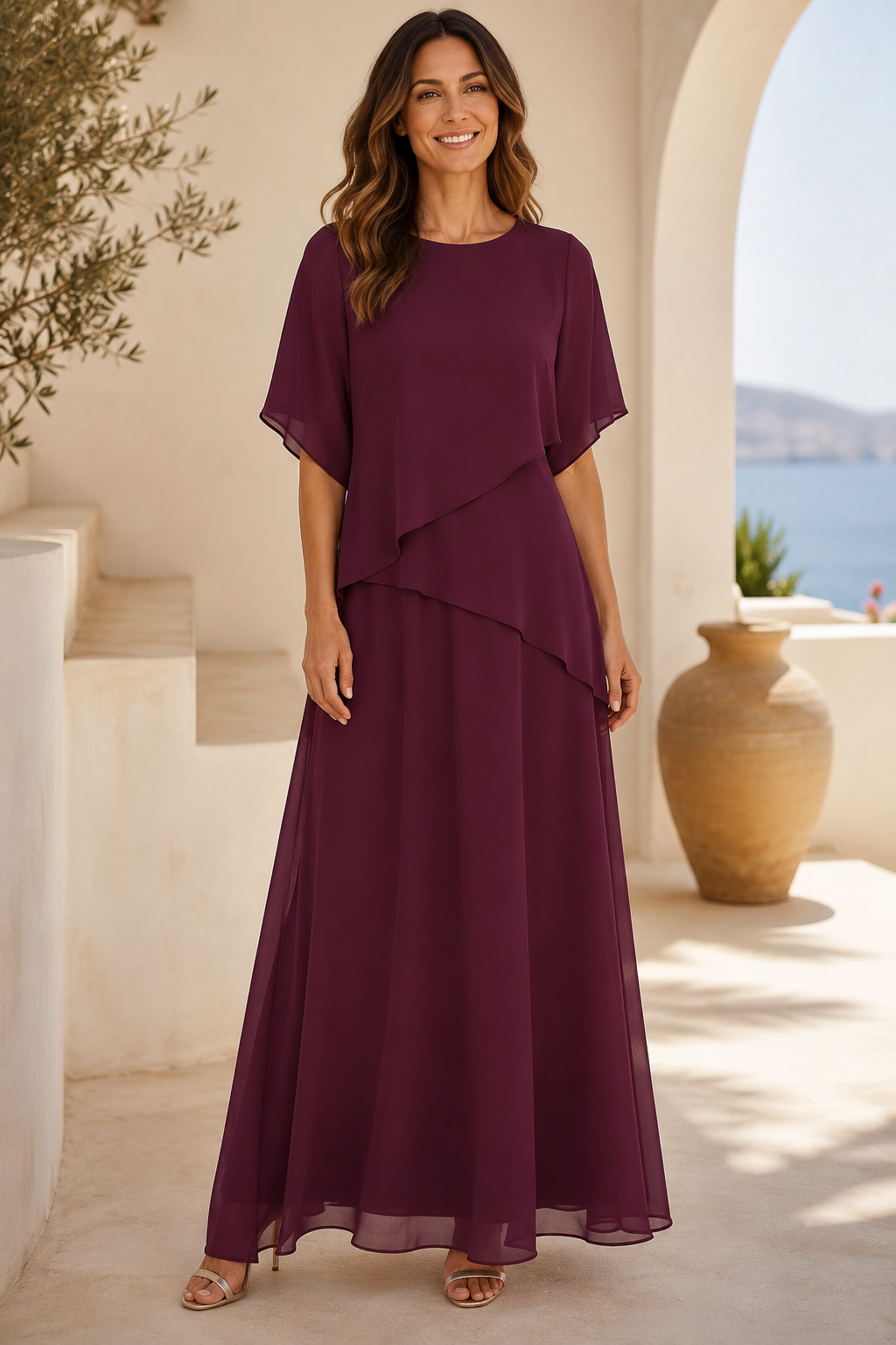 Tiered Chiffon Flutter Sleeve Maxi Dress