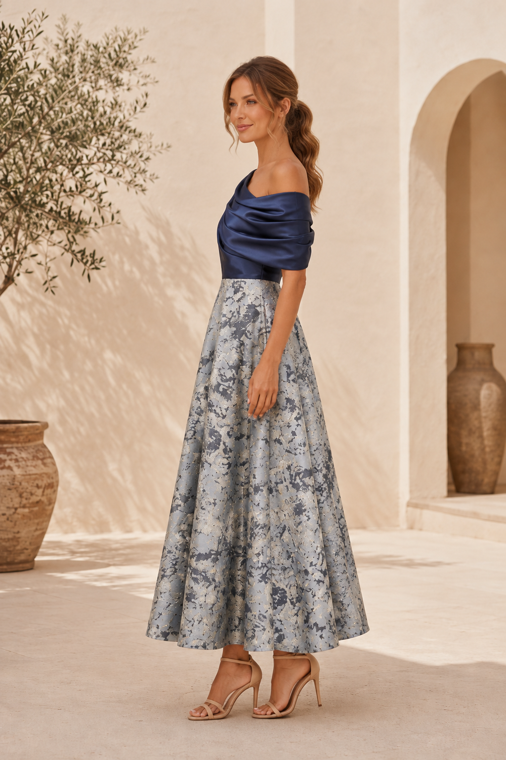 One-Shoulder Satin Top Dress with Metallic Jacquard Skirt