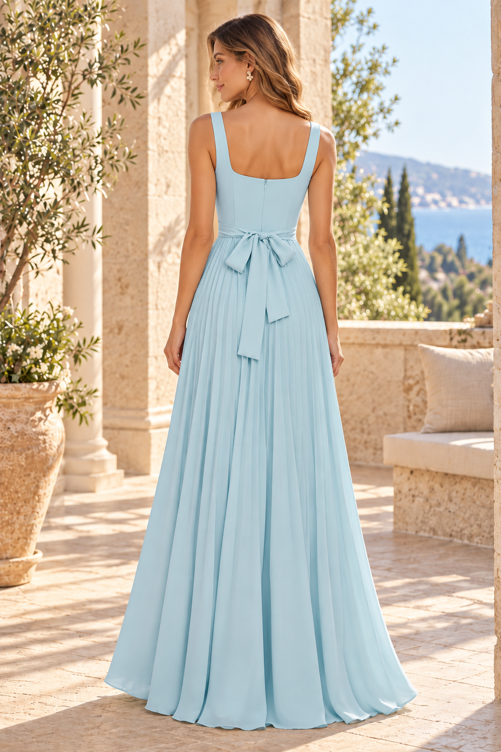 Pleated A-Line Maxi Dress with Square Neckline
