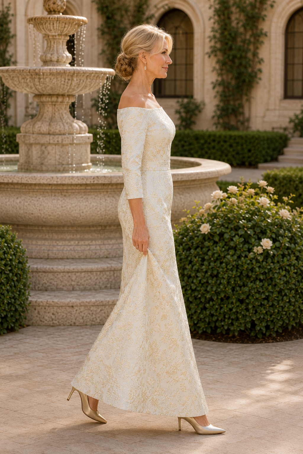 Off-the-Shoulder 3/4 Sleeve Jacquard Gown