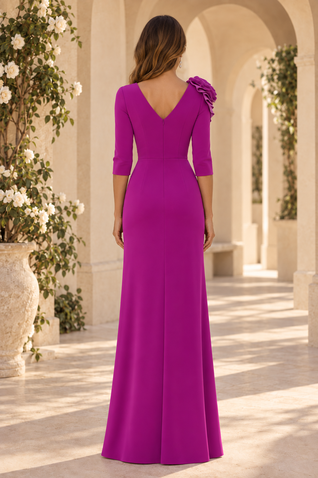 3/4 Sleeve Column Gown with 3D Flower and Pleated Inset
