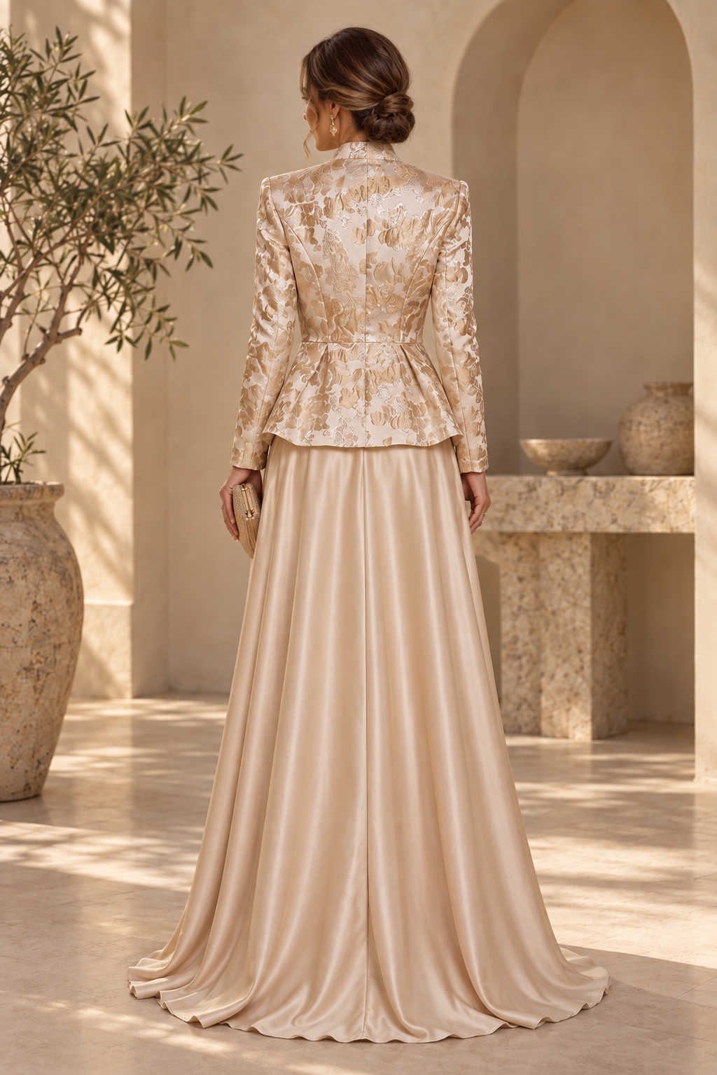 Jacquard Peplum Jacket Evening Gown