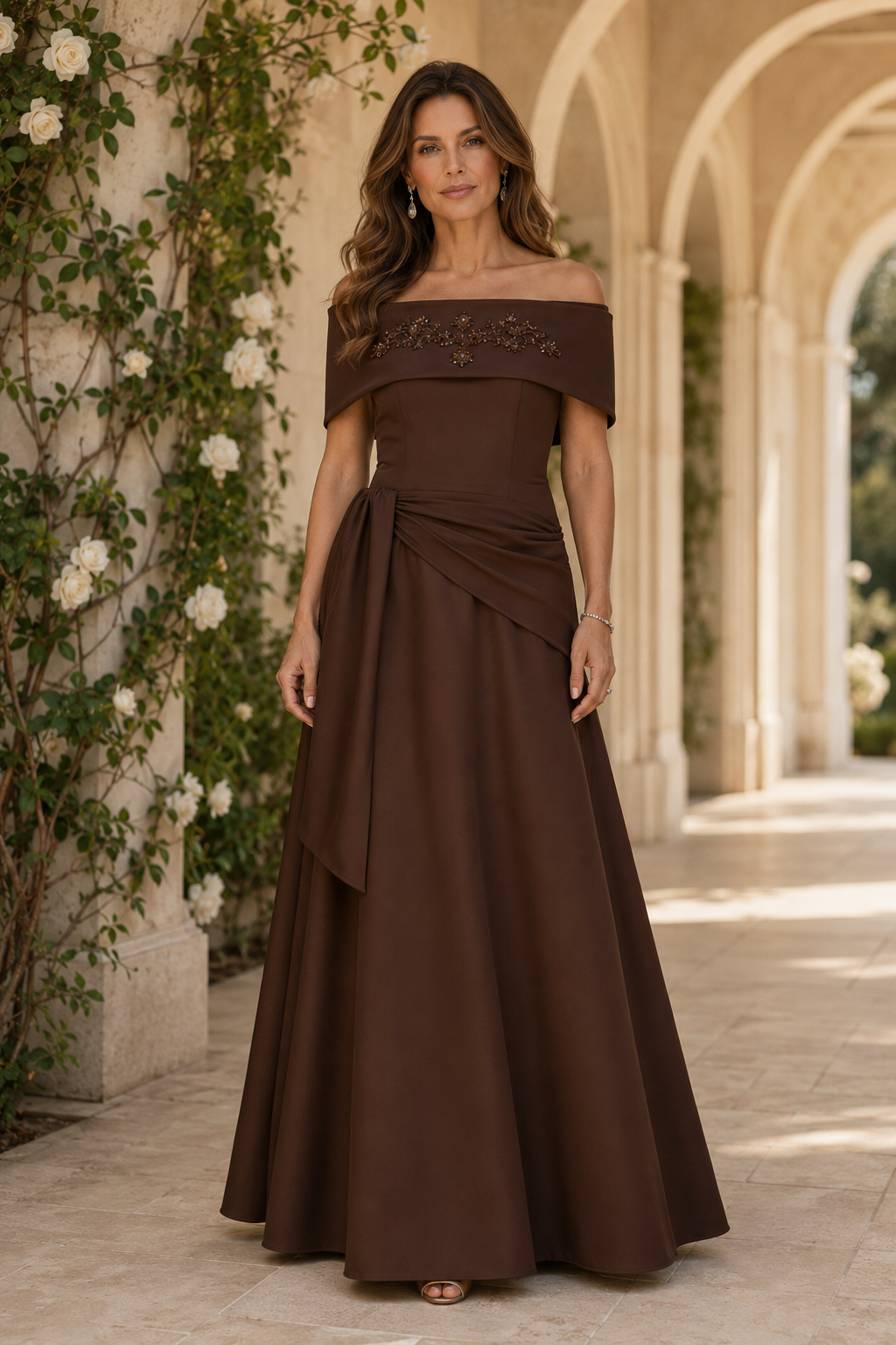 Beaded Off-the-Shoulder Draped A-Line Gown