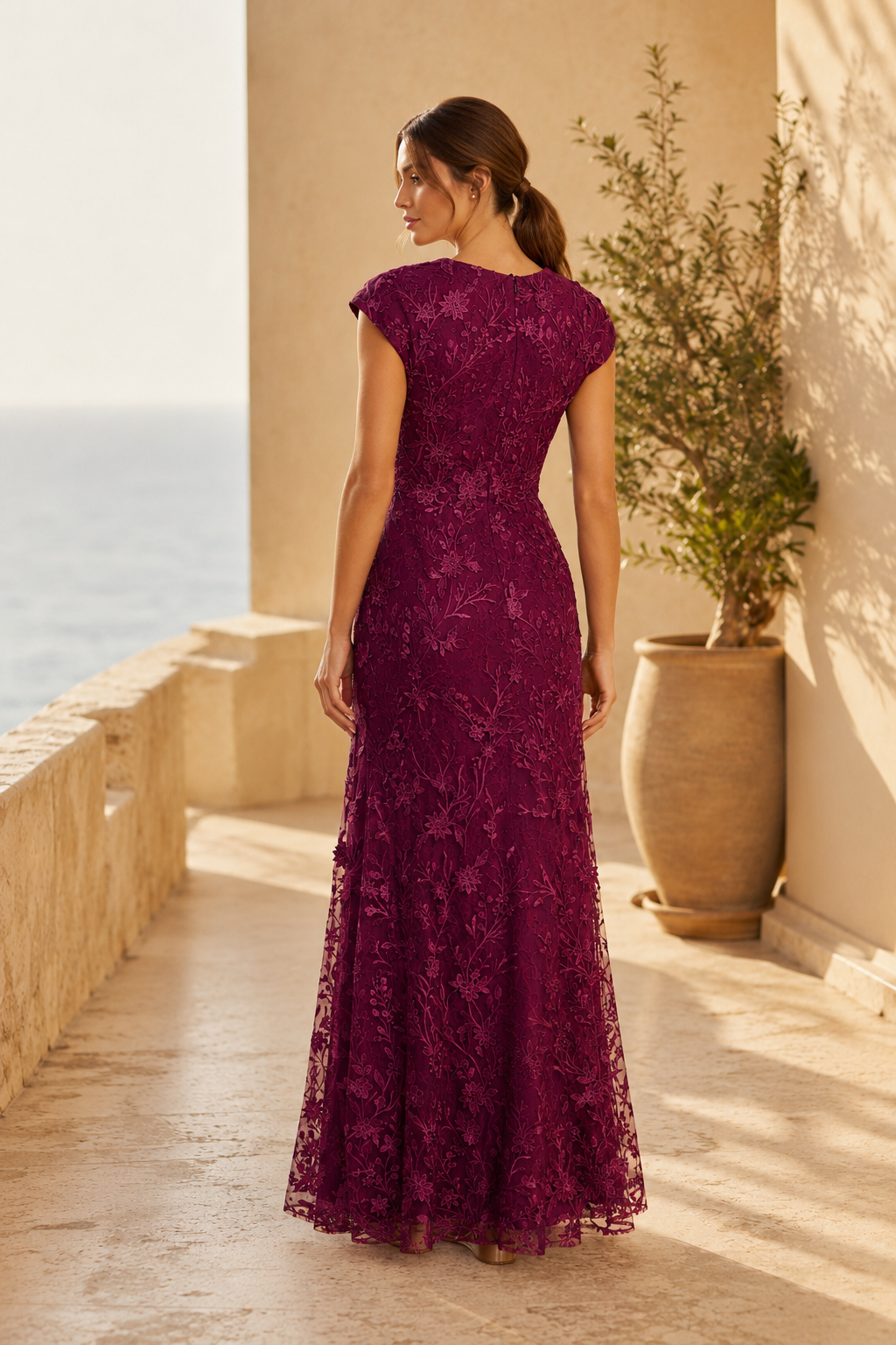 Floral Lace Cap Sleeve Evening Gown with High Slit