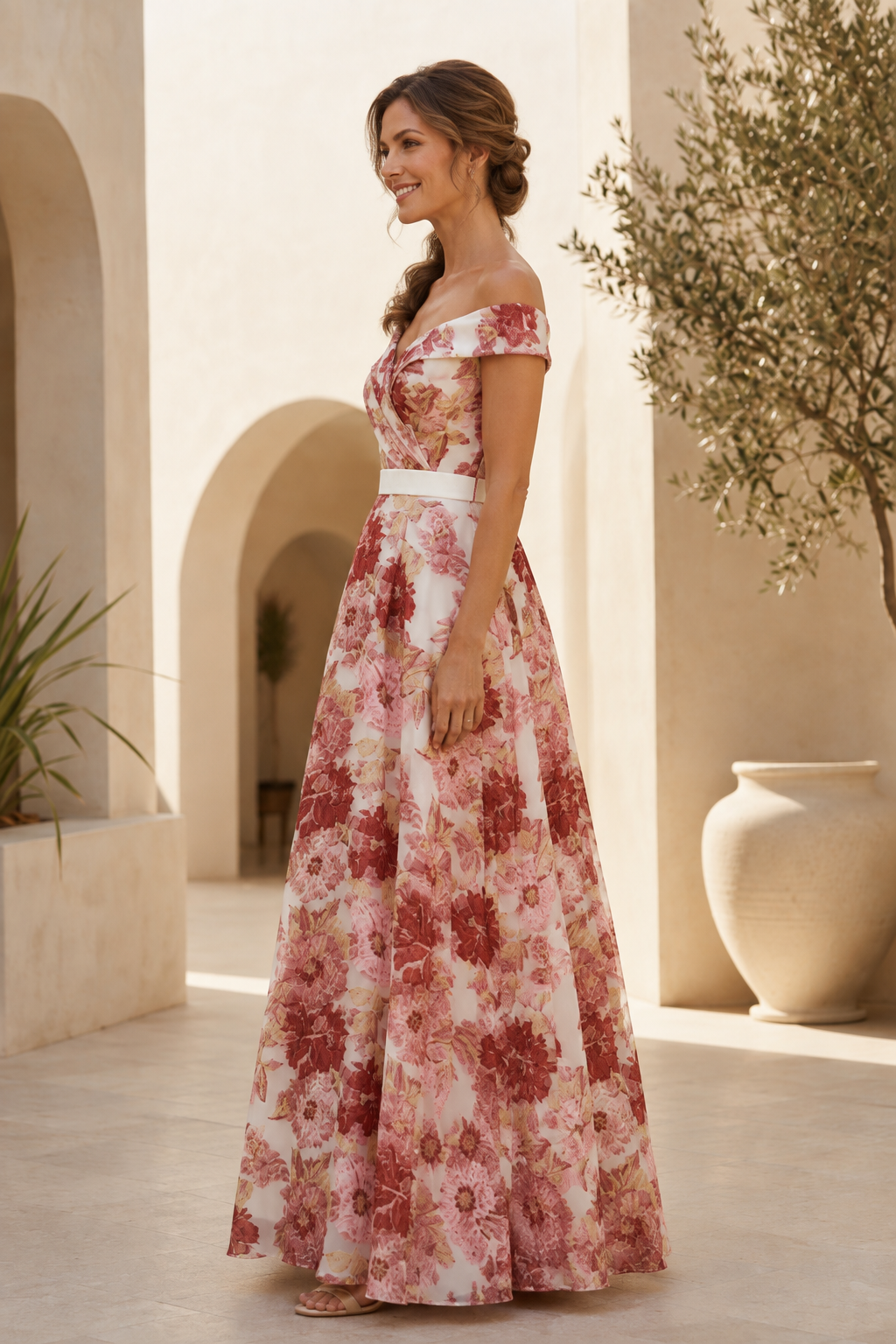 Floral Print Off-the-Shoulder A-Line Evening Gown