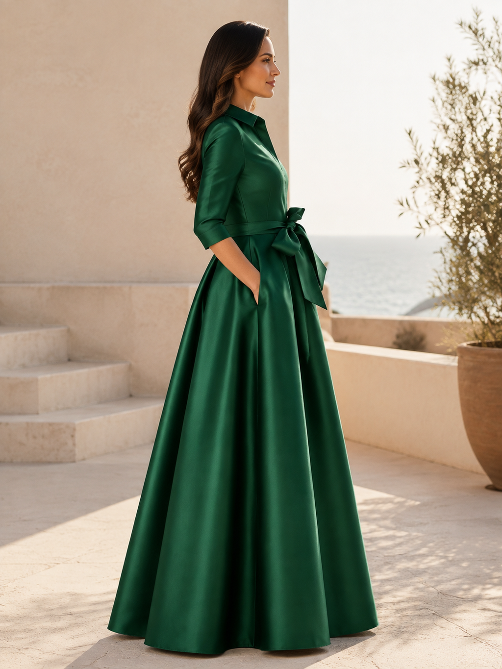 Emerald Satin Shirt Dress Gown with Tie Waist