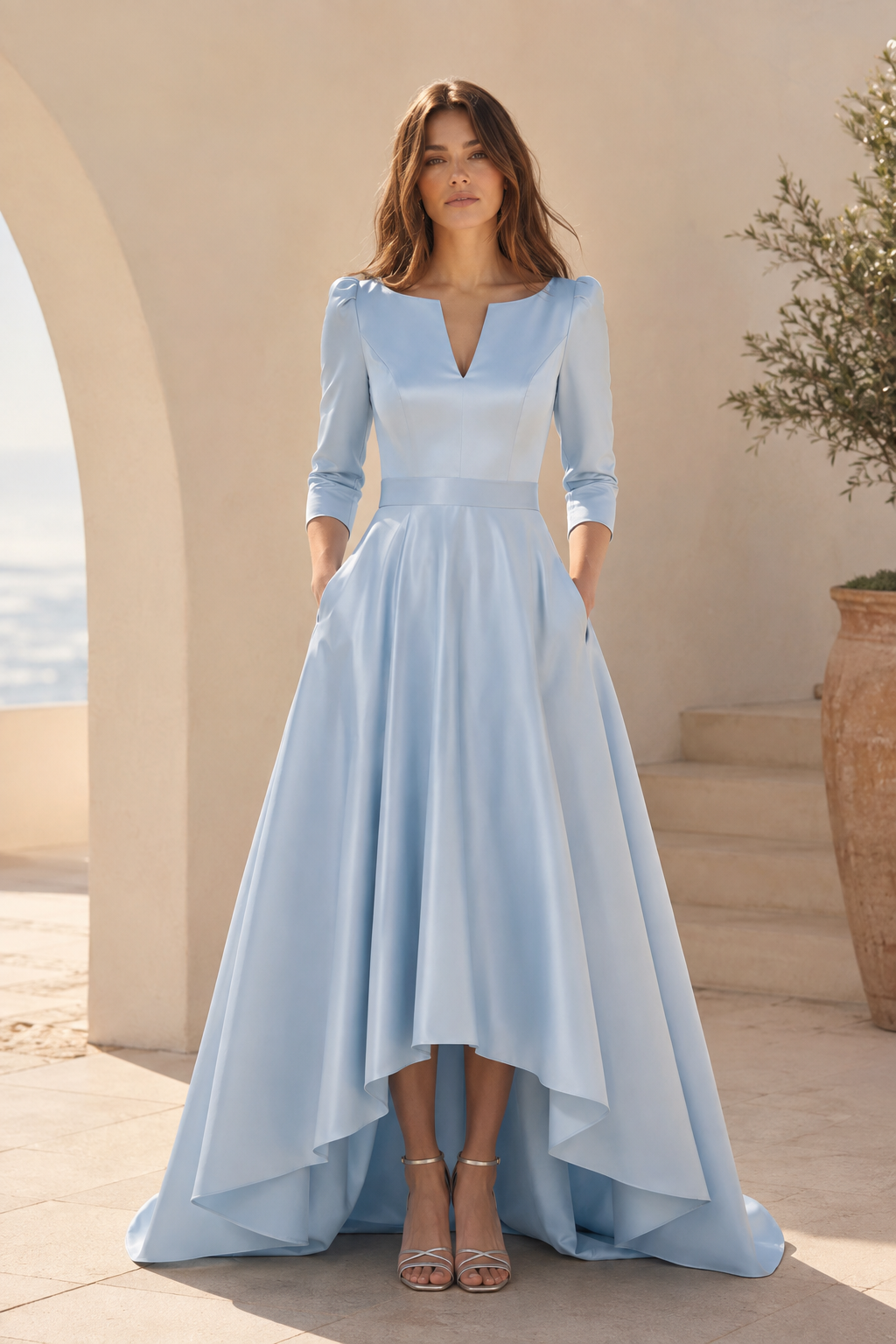 High-Low Satin A-Line Gown with 3/4 Sleeves