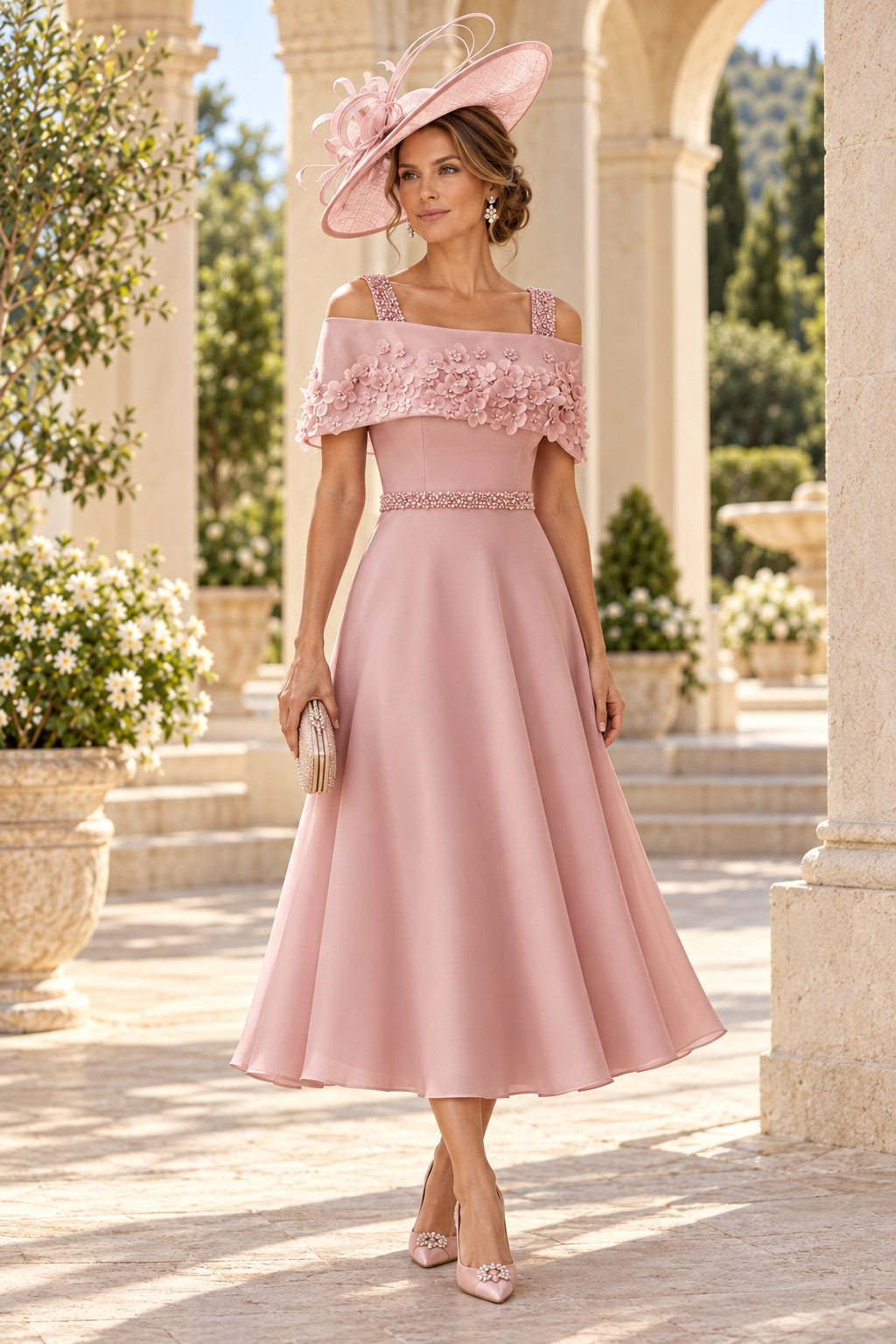 Floral Applique Cold-Shoulder Tea-Length Dress