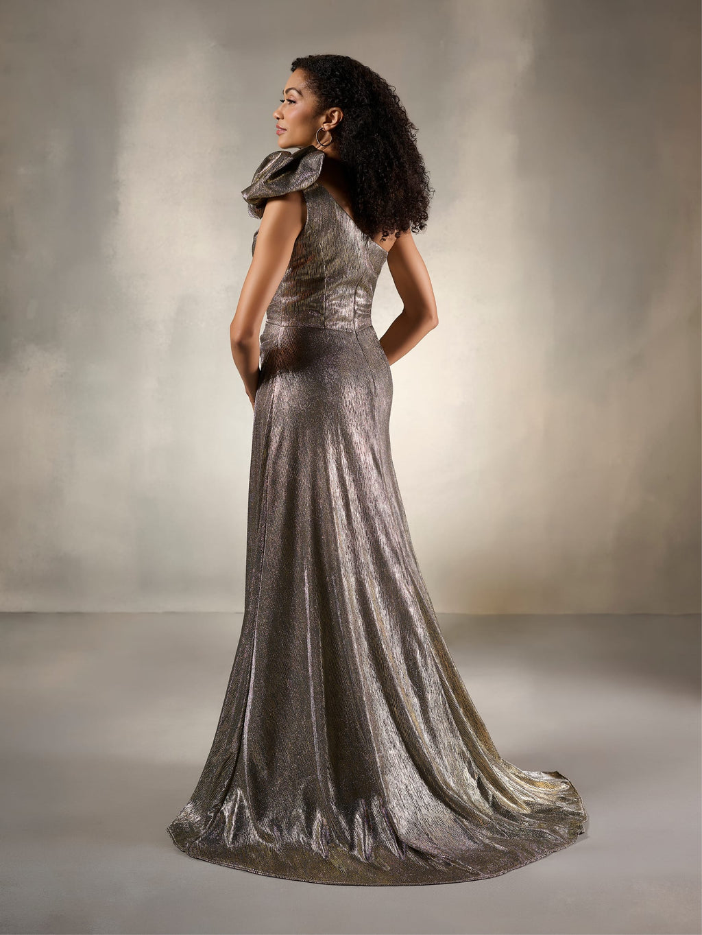 One-Shoulder Pleated Metallic Evening Gown
