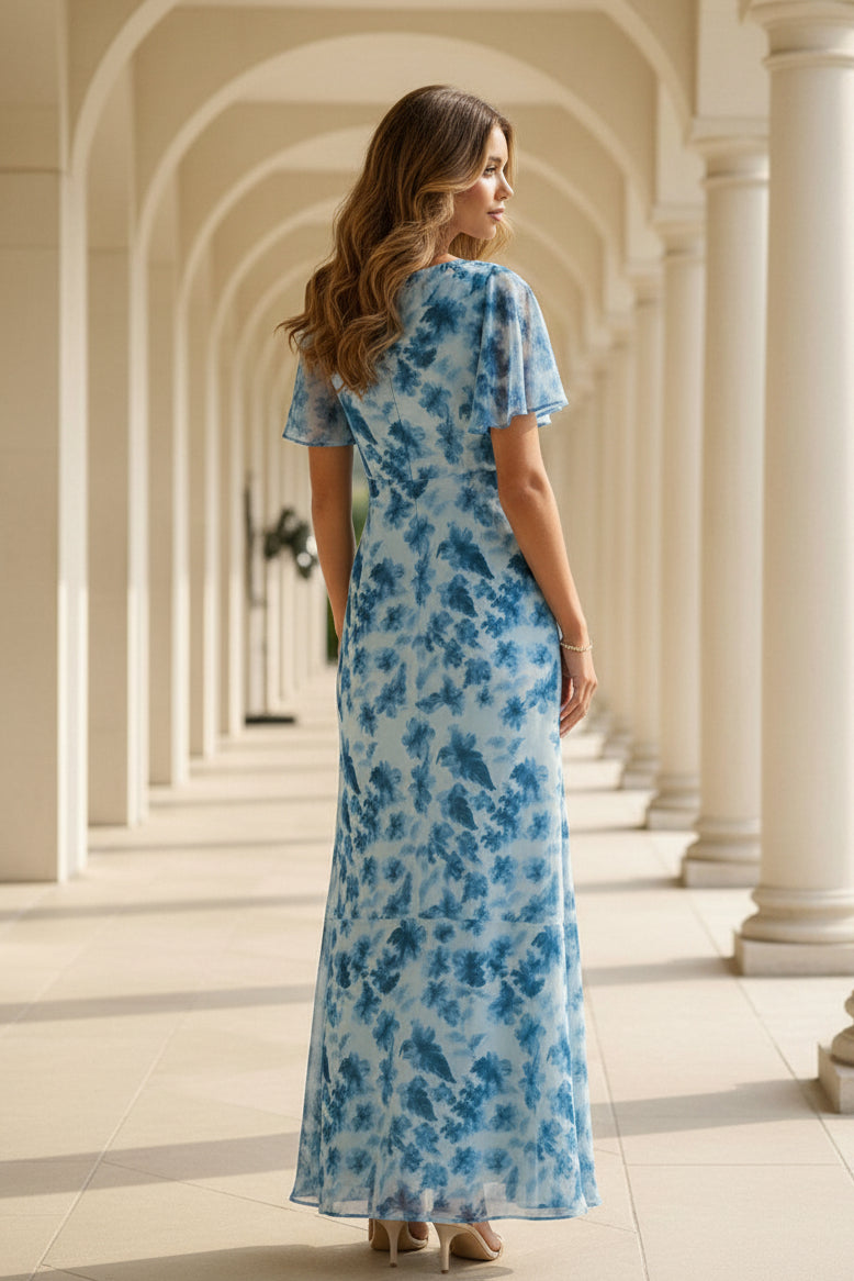 Floral Chiffon Flutter Sleeve Maxi Gown