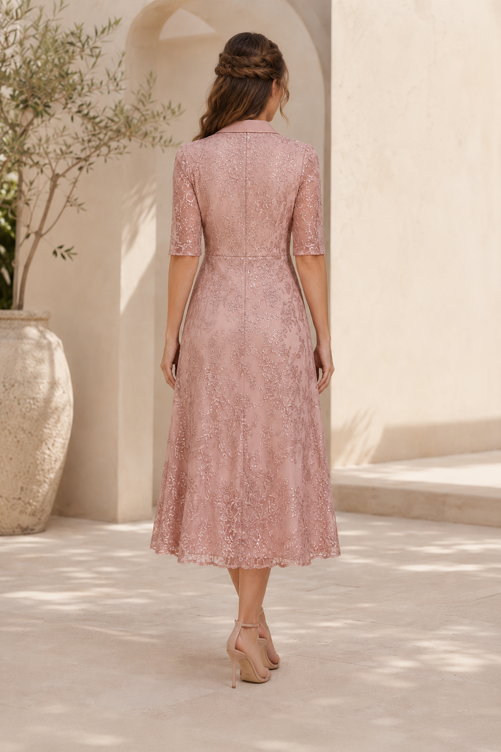 Collared Lace A-Line Midi Dress with Elbow Sleeves