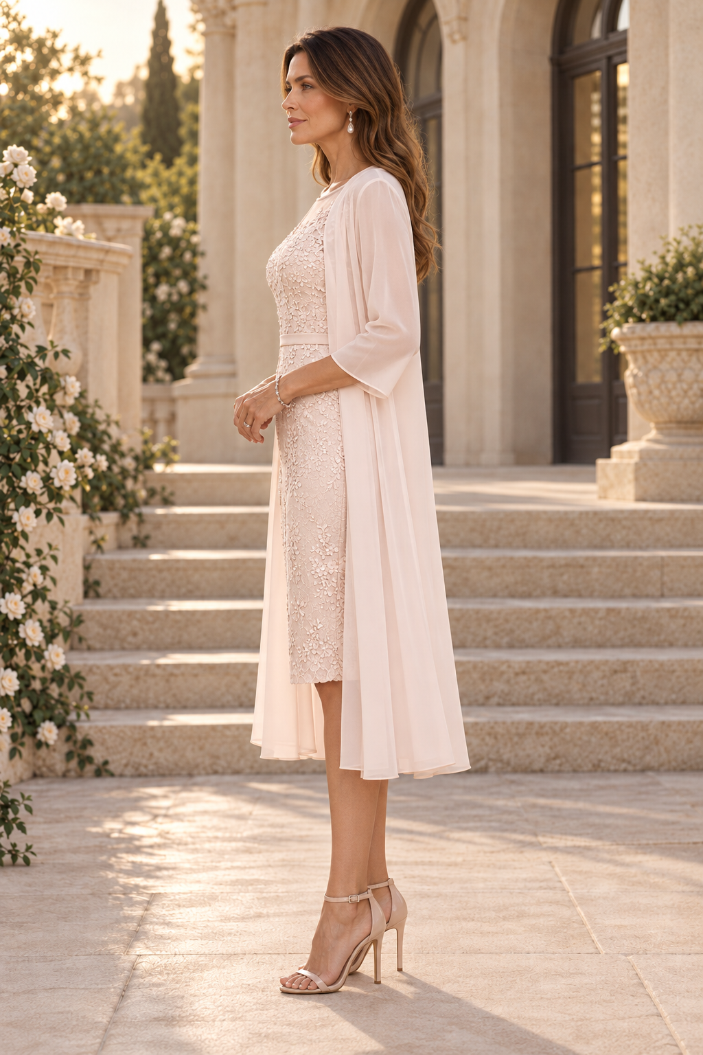 Floral Lace Sheath Dress with Chiffon Duster
