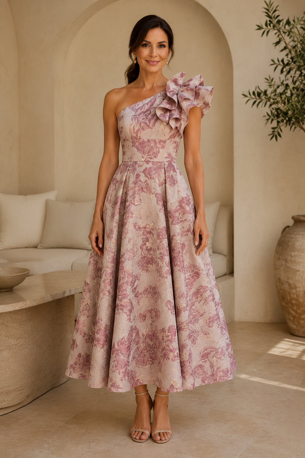 One-Shoulder Floral Jacquard Midi Dress with Ruffle Detail